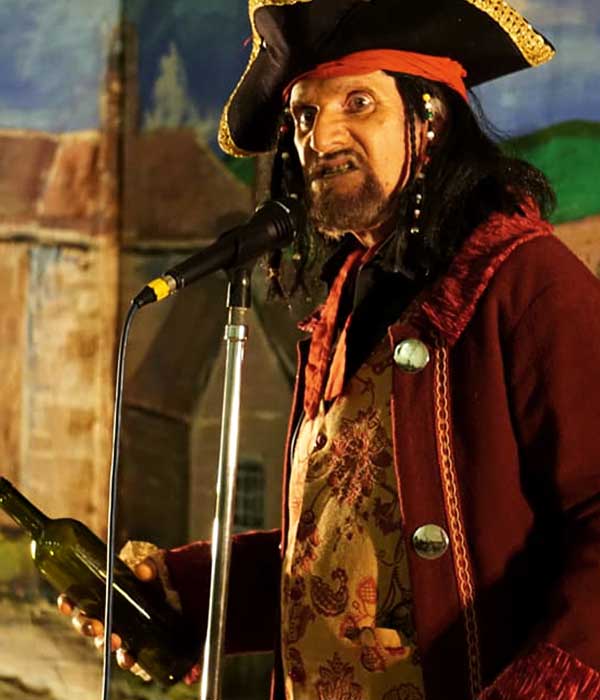 Captain Blackheart From Mother Goose 2019 close up view of glenn acting on stage as captain black heart in mother goose 2019
